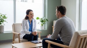 Arzt im ruhigen Aufklärungsgespräch mit einem Patienten über Gesundheit und Drogenpolitik in einer modernen Praxisumgebung.