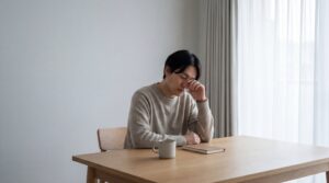Person sitzt erschöpft am Tisch und reibt sich die Augen, wirkt ständig müde und ausgelaugt im Alltag