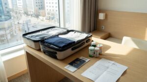 Vorbereiteter Koffer mit Reisepass, Unterlagen und Medikamenten für eine Reise, Thema Medizinisches Cannabis mit in den Urlaub sicher planen