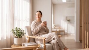 Person in entspannter Atmosphäre mit Tageslicht und Kaffee als Symbol für Wohlbefinden und die beste Cannabissorte für gute Laune