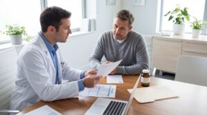 Arzt erklärt einem Patienten den Antrag auf Cannabis Kostenübernahme während eines Beratungsgesprächs in der Praxis.