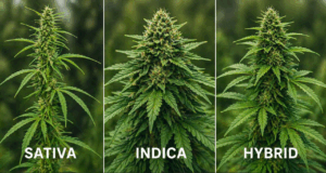 Vergleich von Cannabis Sorten Sativa Indica und Hybrid mit unterschiedlichen Pflanzenstrukturen und Wirkungsprofilen