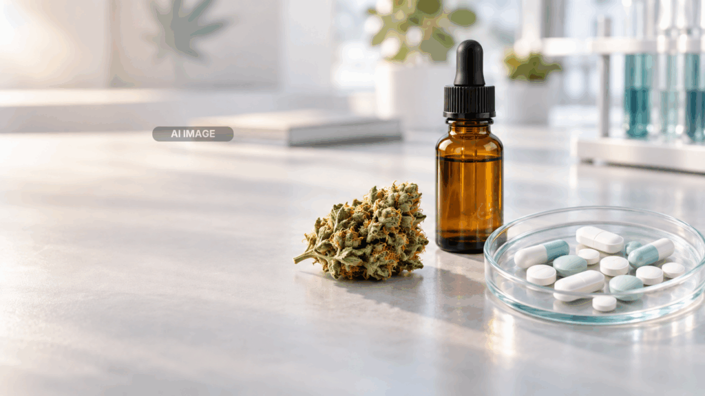 Cannabis bei Krebs: Medizinische Cannabisblüte, Extraktfläschchen und Tabletten als Symbol für eine ergänzende Schmerz- und Symptomtherapie.