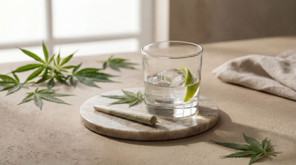 Cannabis und Alkohol zusammen dargestellt: Glas mit Alkohol auf Tisch neben Cannabisblättern und Joint in ruhiger, neutraler Umgebung.