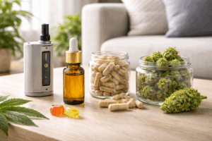 Verschiedene Cannabisprodukte wie Vaporizer, Öl, Kapseln und Blüten im Wohnumfeld – passend zur THCV Wirkung und ihren Anwendungsformen.