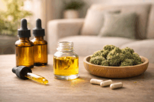 Verschiedene Cannabisprodukte wie Öl mit Pipette, Braunglasflaschen, Kapseln und Cannabisblüten in einer Schale auf einem Tisch in ruhiger Wohnumgebung – Darstellung des Entourage-Effekts durch unterschiedliche Darreichungsformen.