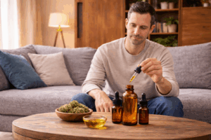 Mann sitzt auf einem Sofa im Wohnzimmer und dosiert mit einer Pipette Cannabisextrakt in eine Glasflasche; auf dem Tisch stehen mehrere braune Glasfläschchen sowie Schalen mit Cannabisblüten und Öl.