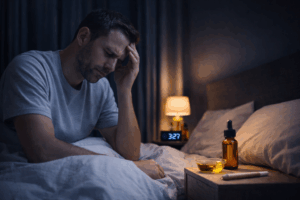 Mann sitzt nachts wach im Bett und hält sich den Kopf; auf dem Nachttisch liegen eine Flasche mit Cannabisextrakt, eine Schale mit Öl und ein Joint, beleuchtet von einer Nachttischlampe.