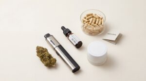 Verschiedene Cannabis Konsumformen auf hellem Hintergrund: Cannabisblüte, moderner Vaporizer, CBD-Öl mit Pipette, Kapseln und eine Creme zur medizinischen Anwendung.