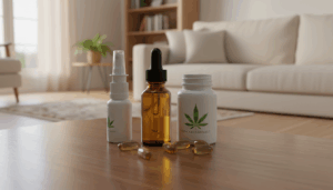 Verschiedene Dronabinol-Produkte auf einem Tisch, die die Dronabinol Dosierung und Wirkung verdeutlichen.