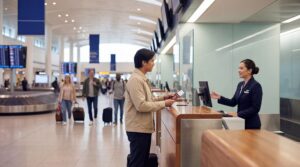 Ein Reisender reicht seine Reisedokumente am Flughafenschalter ab, was den Prozess des Reisens mit medizinischem Cannabis und der erforderlichen Dokumentation verdeutlicht.