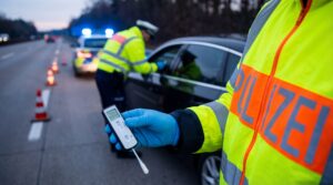 Ein Polizist führt während einer Verkehrskontrolle einen THC-Schnelltest durch, um die Cannabis Fahrtüchtigkeit des Fahrers zu überprüfen.