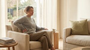 Frau sitzt in hellem Wohnzimmer und hält sich den unteren Rücken – symbolische Darstellung chronischer Beschwerden im Kontext von Cannabis gegen Schmerzen.