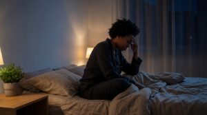 Person sitzt nachts erschöpft im Bett und hält sich den Kopf – typisches Bild für Anzeichen von Schlafstörungen wie Insomnie und nächtliche Unruhe.
