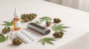 Cannabis decarboxylieren im medizinischen Kontext: Cannabisblüten, Öl, Kapseln und Vaporizer zur unterschiedlichen Anwendung und Aktivierung von Wirkstoffen.