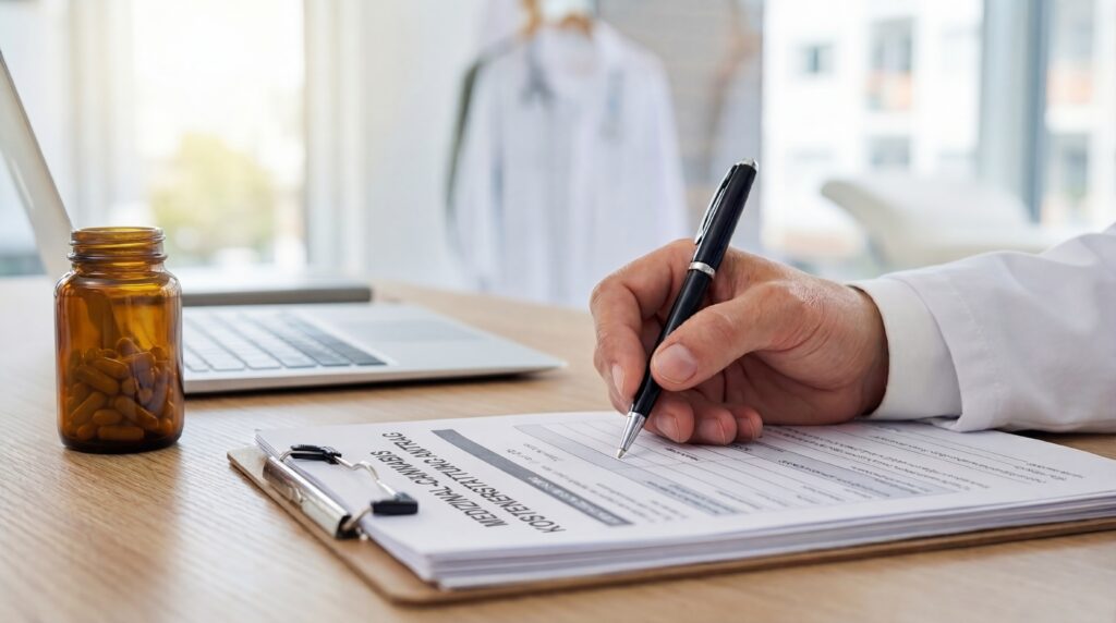 Arzt füllt ein Formular für die Cannabis Kostenübernahme aus – Antrag auf Kostenübernahme für medizinisches Cannabis in der Arztpraxis.