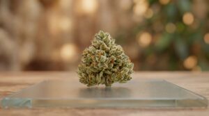 Makroaufnahme einer medizinischen Cannabisblüte auf einer Glasplatte im Laborumfeld – Darstellung im Kontext von Cannabis decarboxylieren und pharmazeutischer Analyse.