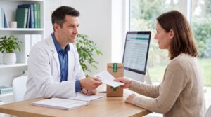 Arzt übergibt einer Patientin ein Rezept in einer modernen Praxis – Darstellung einer möglichen Therapieentscheidung, bei der Cannabis gegen ADHS als medizinische Option in Betracht gezogen wird.