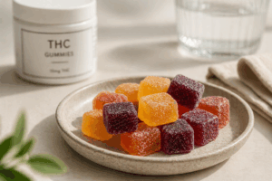 THC Gummibärchen als essbares Cannabisprodukt mit kontrollierter Dosierung in einem sauberen, medizinisch anmutenden Setting.