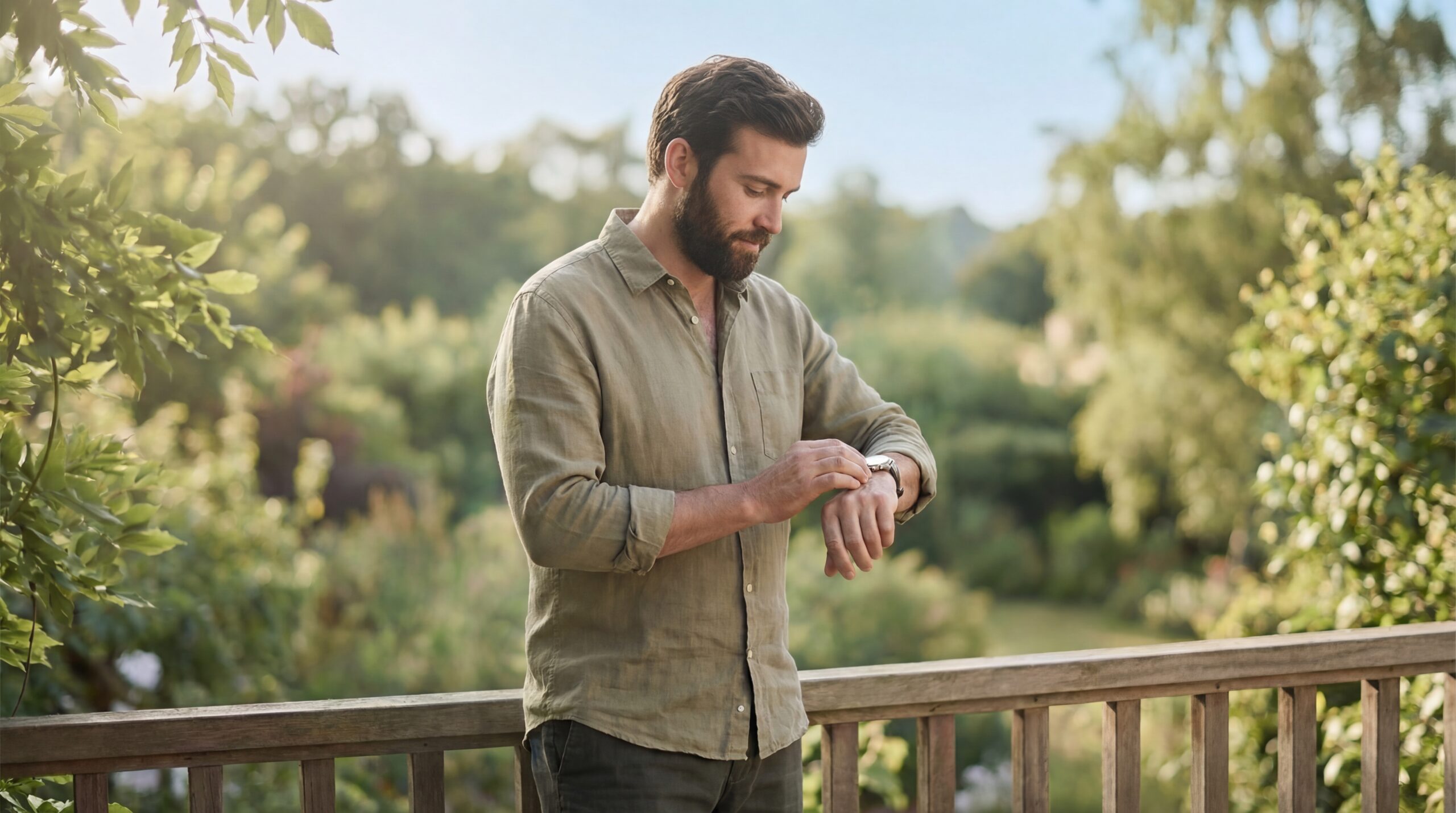 Ein Mann mit Bart steht draußen und schaut auf seine Armbanduhr, während er sich an einem Holzgitter lehnt. Er trägt ein beiges Leinenhemd und ist von üppigem Grün umgeben. Das Bild ist in warmes, natürliches Licht getaucht und vermittelt eine ruhige, friedliche Atmosphäre.