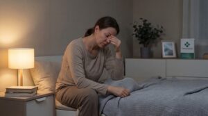 Erschöpfte Person sitzt abends im Bett mit Schlafproblemen, Zusammenhang mit Indica-dominanten Strains bei Schlafstörungen