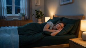 Schlafende Person in ruhigem Schlafzimmer bei Nacht, symbolisiert einen stabilen Schlafzyklus und die Frage, ob Cannabis den Schlafzyklus verbessert.