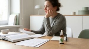 Person mit ADHS sitzt unkonzentriert am Schreibtisch mit Unterlagen, daneben eine medizinische Cannabis-Flasche als Symbol für ADHS Cannabis Rezept und mögliche Therapieoption