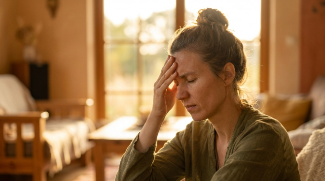 Frau sitzt mit schmerzverzerrtem Gesicht im Wohnzimmer und hält sich den Kopf – eine Darstellung, die die Frage aufwirft, was bei Clusterkopfschmerzen hilft.