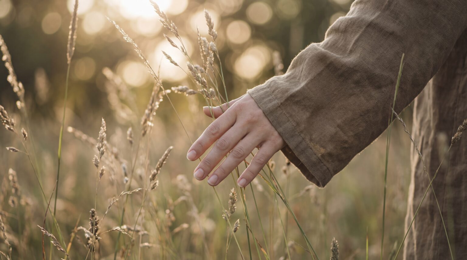 Hand einer Person, die sanft über hohes Gras auf einer Wiese im warmen Abendlicht streicht.