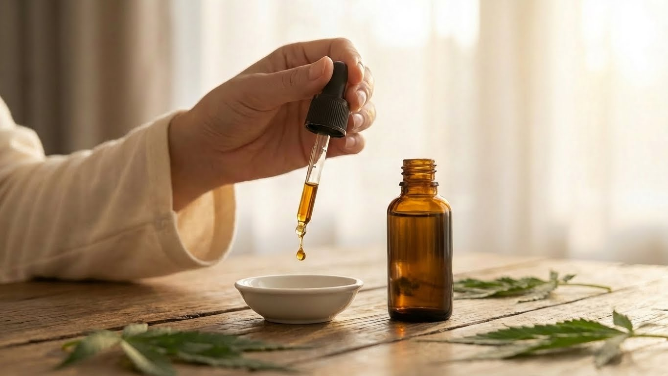 Hand tropft medizinisches Cannabisöl mit Pipette in eine Schale – Darstellung der Dosierung von medizinischem Cannabis in ruhiger, natürlicher Umgebung.