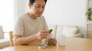 Person prüft Cannabisblüten in einem Glasbehälter – mögliche Kontrolle auf Schimmel auf Cannabis in einer sauberen, hellen Umgebung.