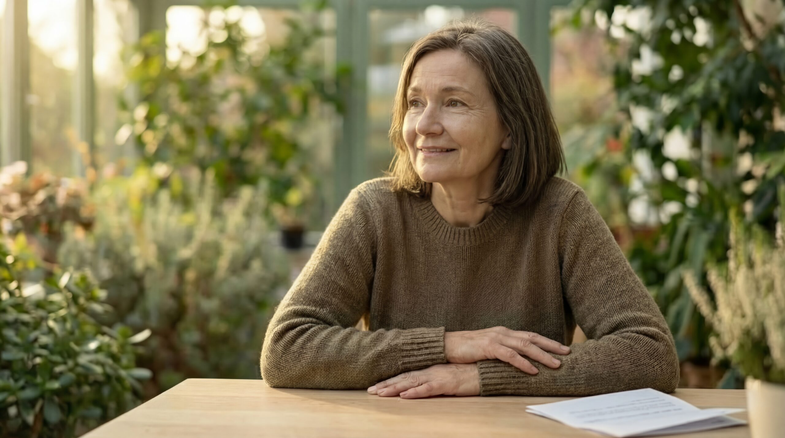 Ältere Frau sitzt lächelnd in einem sonnigen Wintergarten und denkt über Cannabis im Alter als mögliche medizinische Unterstützung nach; auf dem Tisch liegen Unterlagen, die auf eine ärztliche Beratung hinweisen.