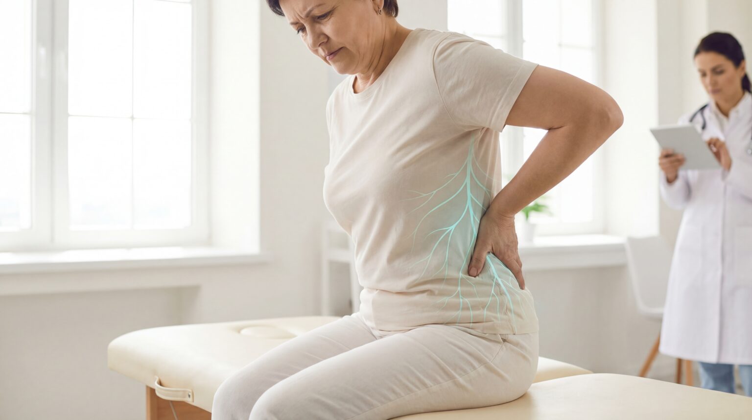 Patientin mit Rückenschmerzen im Gespräch mit einer Ärztin in der Praxis – Symbolbild für medizinisches Cannabis bei Nervenschmerzen.