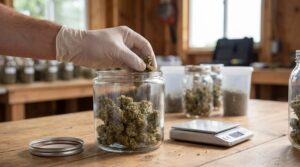 Lagerung von Cannabisprodukten. Hand mit Einweghandschuh legt getrocknete Cannabisblüten in ein Glasgefäß; auf dem Tisch stehen weitere Gläser mit Blüten sowie eine digitale Feinwaage in einem Arbeitsraum. 