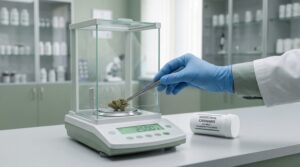 Medizinisches Cannabis wird in einer Apotheke fachgerecht abgewogen – Darstellung zum Thema verdienen Apotheken an Cannabis und pharmazeutische Abgabe.