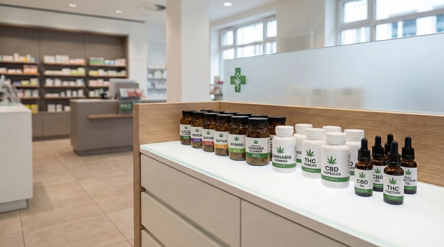 Verschiedene medizinische Cannabisprodukte wie Blüten, Kapseln und Öle stehen ordentlich aufgereiht in einer modernen Apotheke. Die Diversifizierung des Sortiments durch hochwertige Präparate unterstreicht den Vorteil von Cannabis für Apotheken im Wettbewerb.
