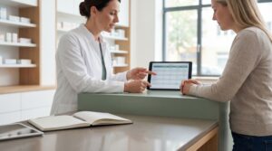 Eine Apothekerin berät eine Kundin am HV-Tisch mithilfe eines Tablets. Die intensive pharmazeutische Beratung bei komplexen Therapien ist ein wesentlicher Vorteil von Cannabis für Apotheken, um die Patientenbindung zu stärken.