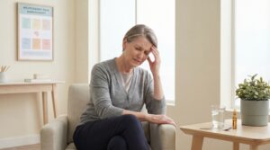 Frau mit sichtbaren Schmerzen im Kopf- und Nackenbereich zu Hause, passend zum Thema medizinisches Cannabis bei Nervenschmerzen und chronischen Beschwerden.