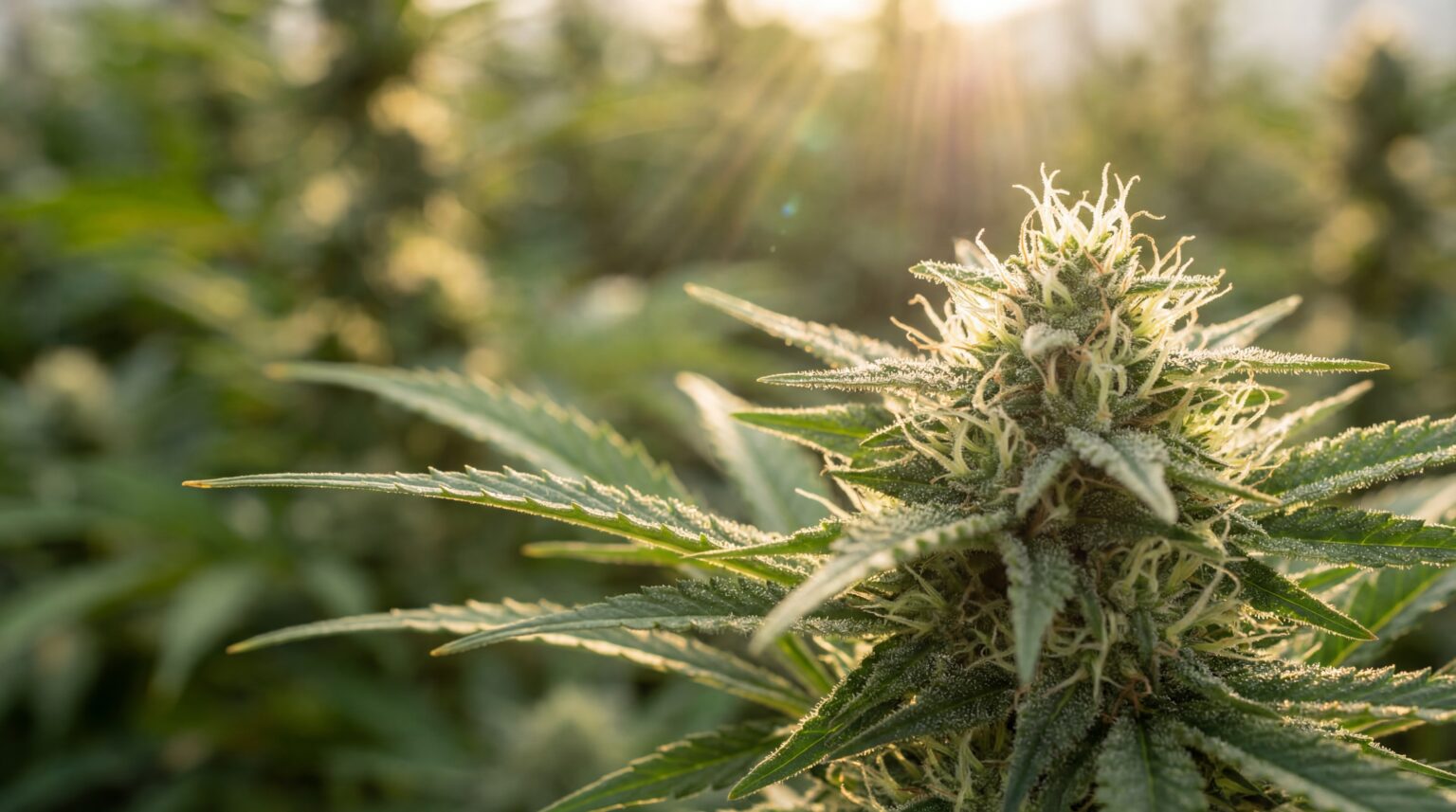 Cannabis gegen Darmschmerzen: Nahaufnahme einer Cannabispflanze im Sonnenlicht, die natürliche Wirkstoffe symbolisiert, die zur Linderung von Beschwerden beitragen können