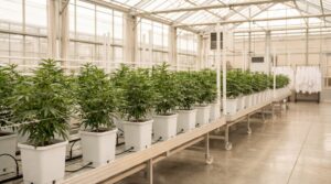 Cannabispflanzen in einer professionellen Indoor-Anlage – Darstellung des Unterschieds zwischen THCA und THC im Anbau von medizinischem Cannabis.