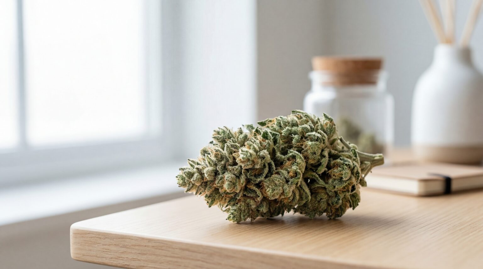 Cannabisblüte auf einem Tisch in Nahaufnahme – Darstellung des Unterschieds zwischen THCA und THC in medizinischem Cannabis.