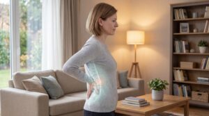 Frau hält sich den unteren Rücken wegen Schmerzen im Wohnzimmer – Darstellung möglicher Behandlung mit Cannabis gegen Rückenschmerzen.