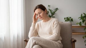 Frau mit Migräne sitzt auf dem Sofa und hält sich den Kopf als Darstellung für eine alternative Therapie bei Migräne.