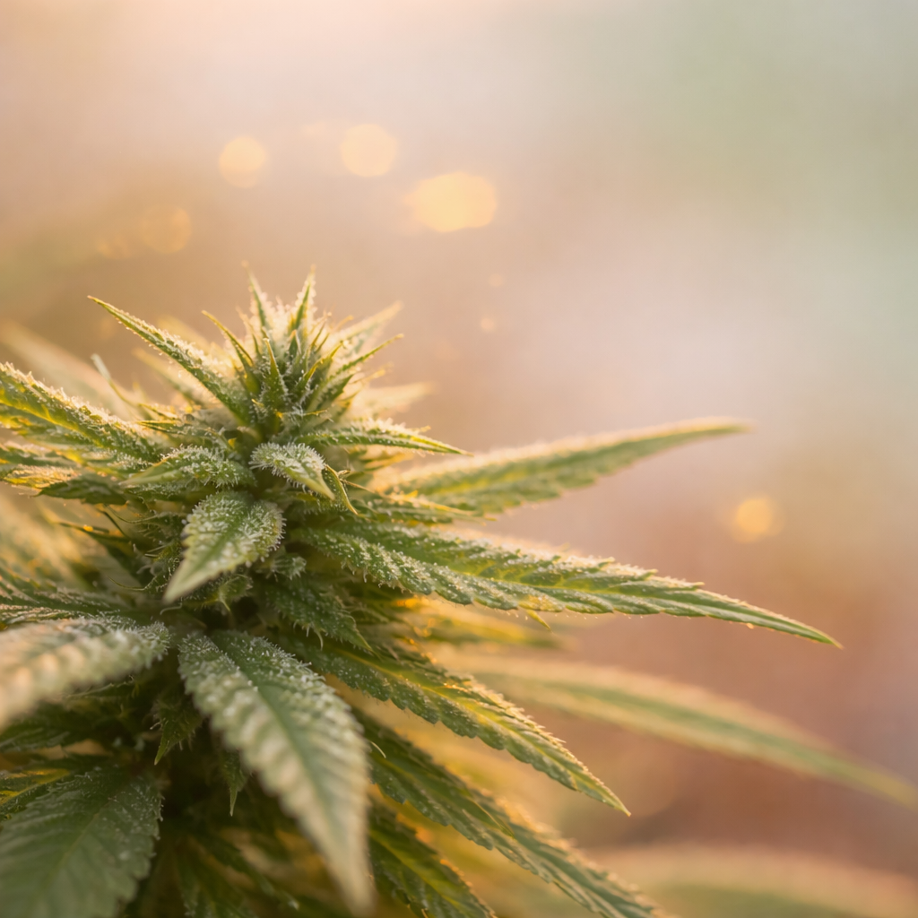 Nahaufnahme einer Cannabispflanze mit harzigen Blüten im warmen Licht – Symbolbild für Cannabis gegen Rückenschmerzen und seine mögliche therapeutische Anwendung.