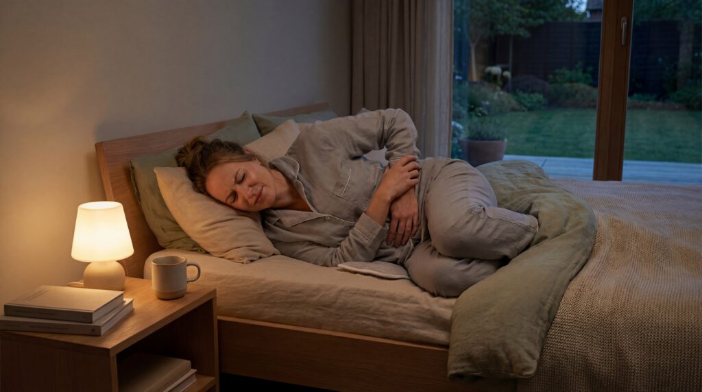 Cannabis gegen Endometriose: Frau mit Unterleibsschmerzen im Alltag bei Endometriose.