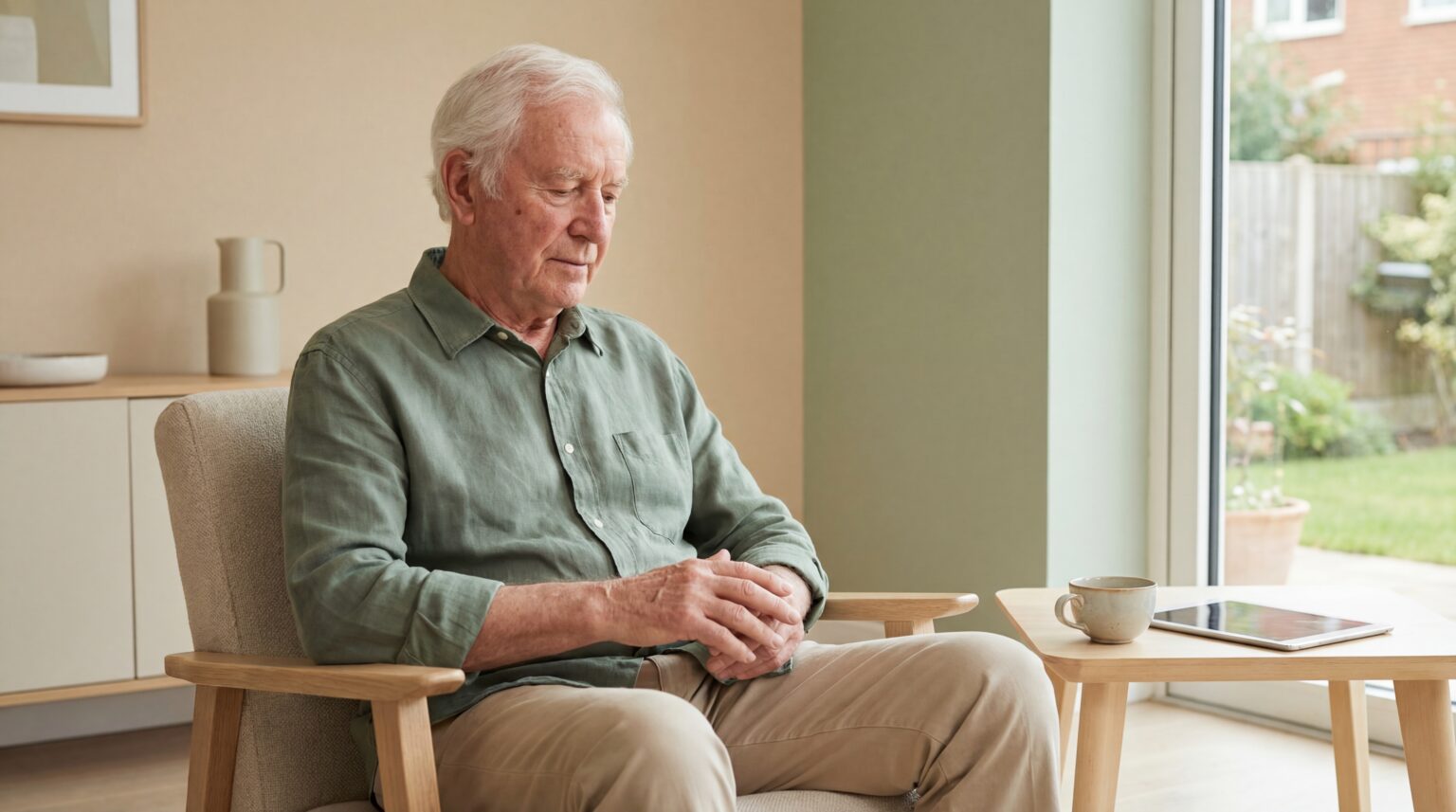 Älterer Mann sitzt nachdenklich in einem Sessel am Fenster – symbolisches Bild für die Lebensrealität von Betroffenen und die mögliche Rolle von Cannabis gegen Parkinson im Alltag.
