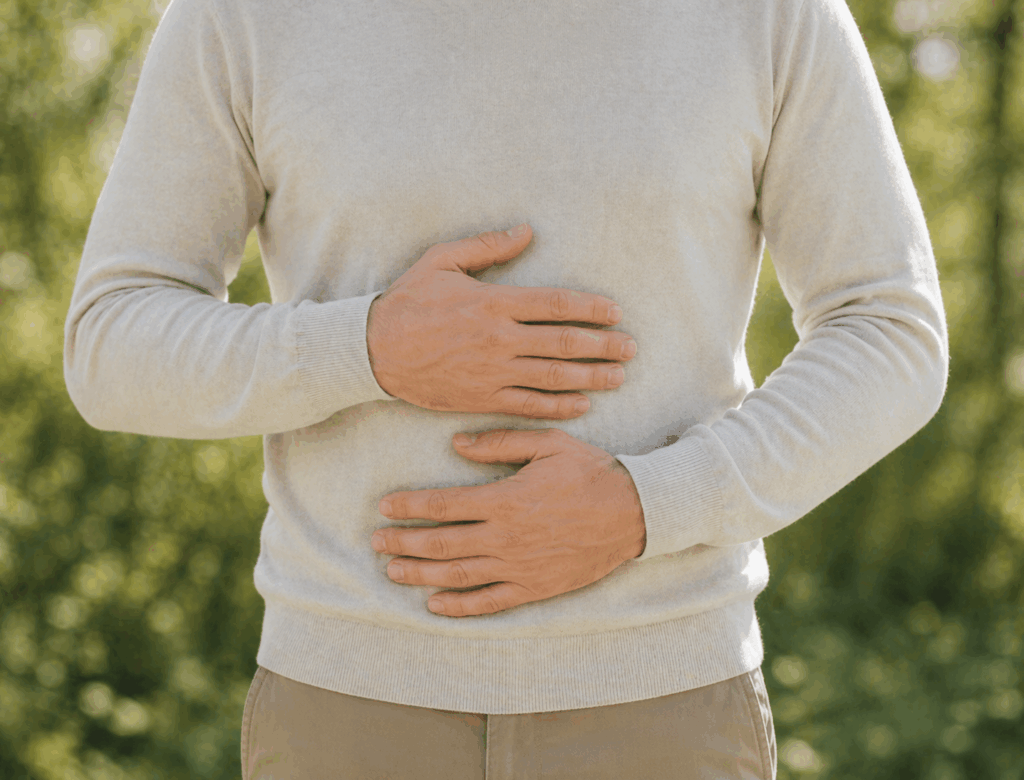 Mann hält sich mit beiden Händen den Bauch als Symbol für Übelkeit oder Magenbeschwerden
