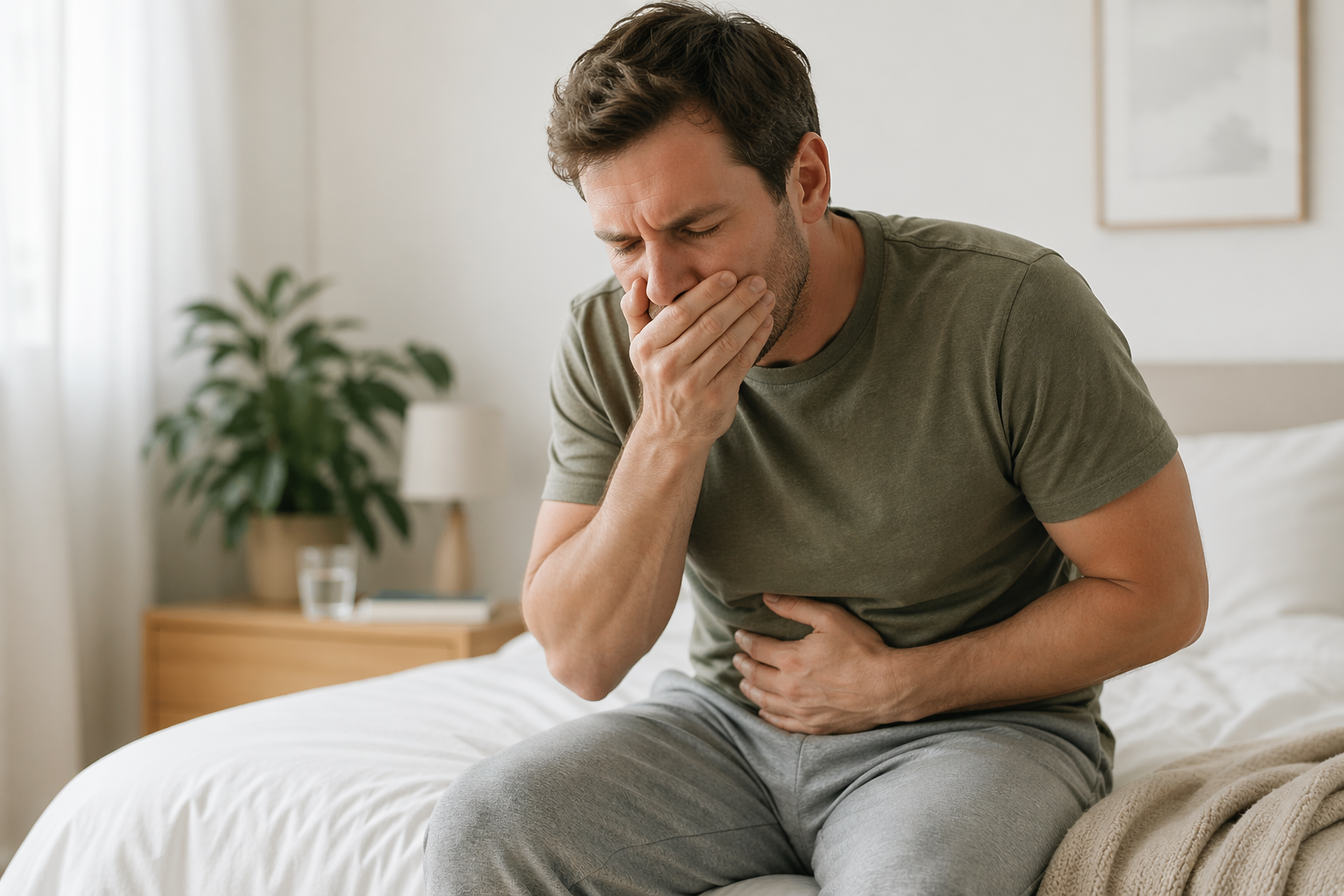 Mann sitzt auf dem Bett mit Übelkeit und hält sich den Bauch Cannabis gegen Übelkeit als mögliche Therapie