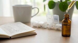Pipette mit Öl über einer Glasflasche auf einem Tisch mit Medikamentenbox und Notizbuch – Darstellung einer möglichen Therapie mit Cannabis gegen Parkinson im Alltag.