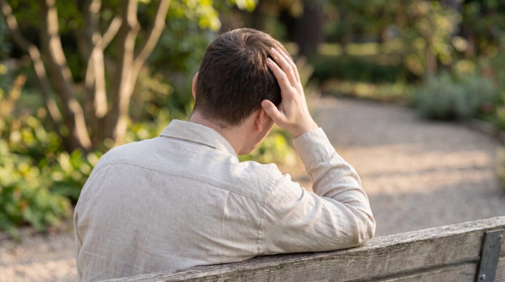 Mann sitzt auf einer Parkbank und hält sich den Kopf, sinnbildlich für Migräne und die Suche nach alternativen Therapiemöglichkeiten in ruhiger Umgebung